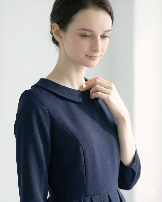 小顔効果の襟デザイン。ネイビーの上品ワンピース