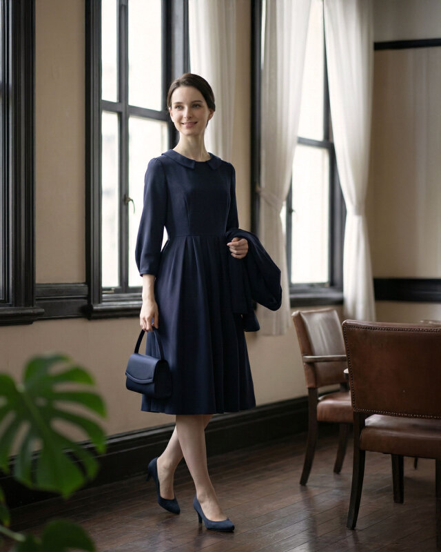 フォーマルなネイビーワンピースのきれいめお出かけコーデ