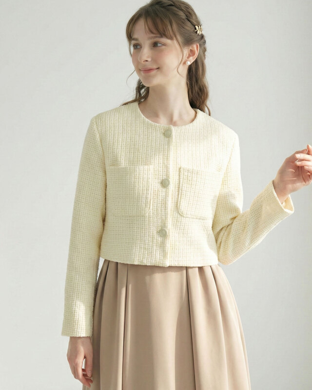 きちんと感と女性らしさを兼ね備えたツイード調フレアワンピースの着用イメージです。レジーナ【神戸ワンピース専門店】