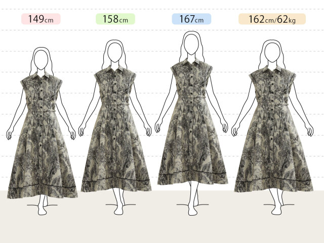 きれいめフレアワンピースの身長別（小柄さん：149cm、平均さん：158cm、長身さん：167cm、グラマーさん：162cm 62kg）着用感｜レジーナ【神戸ワンピース専門店】