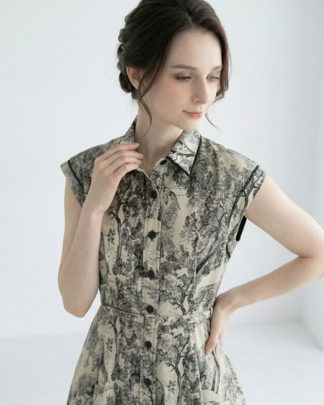 上品なジャカード素材で仕立てたクラシカルなフレンチスリーブワンピース｜レジーナ【神戸ワンピース専門店】