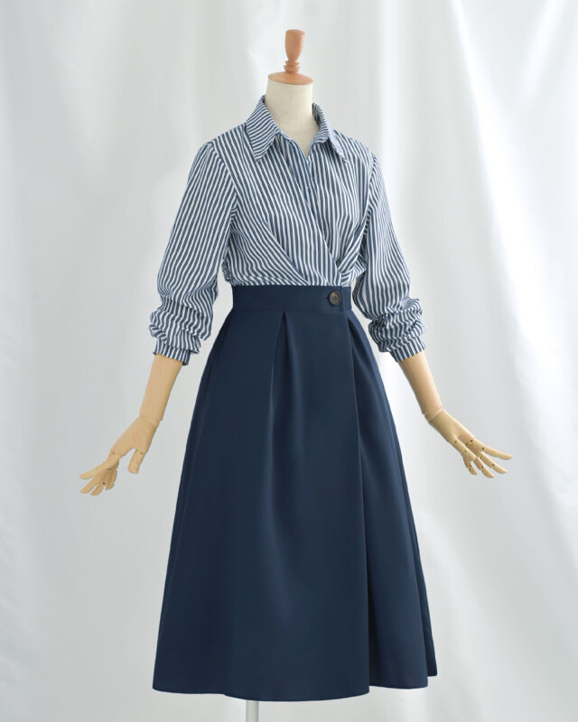 クラシカルなシャツ襟で首元すっきり細見えワンピース