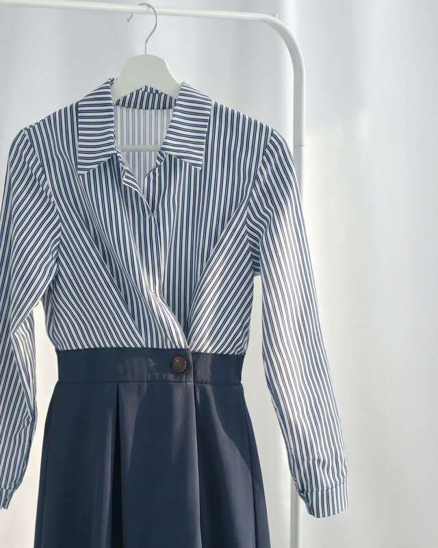 ストライプ切替デザイン 上品フレアワンピース