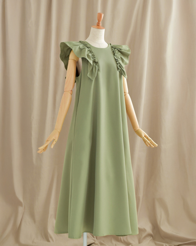 フリル フレア ワンピース】s097 お色展開：グリーン,グレー
