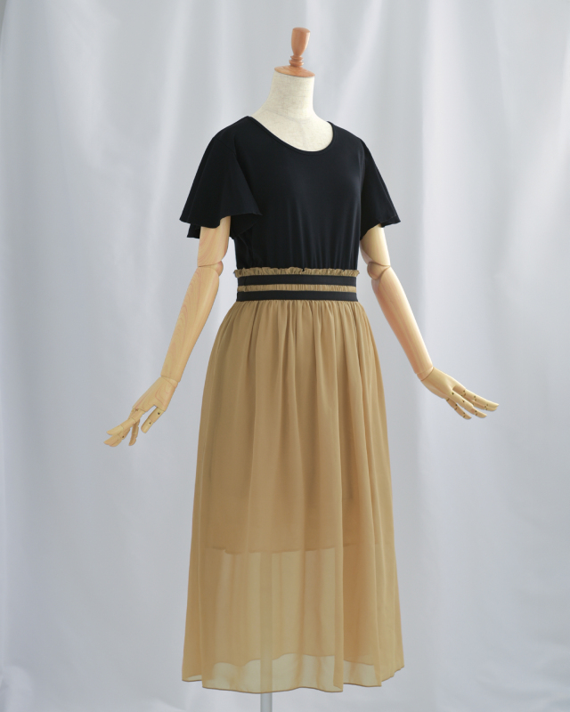 ドッキング ギャザー ワンピース】お色展開：ブラック,ベージュ