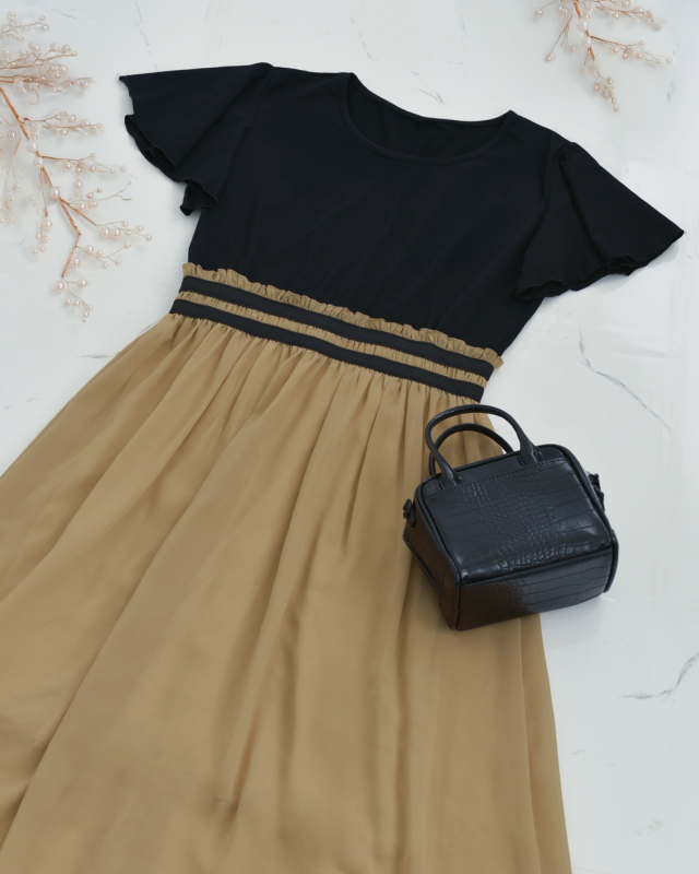 ドッキング ギャザー ワンピース】お色展開：ブラック,ベージュ