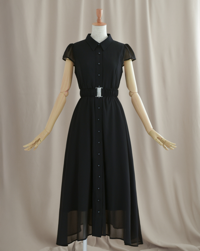 きちんと感と涼やかさを両立した、上品な透け感のある黒シャツワンピース。レジーナ【神戸ワンピース専門店】
