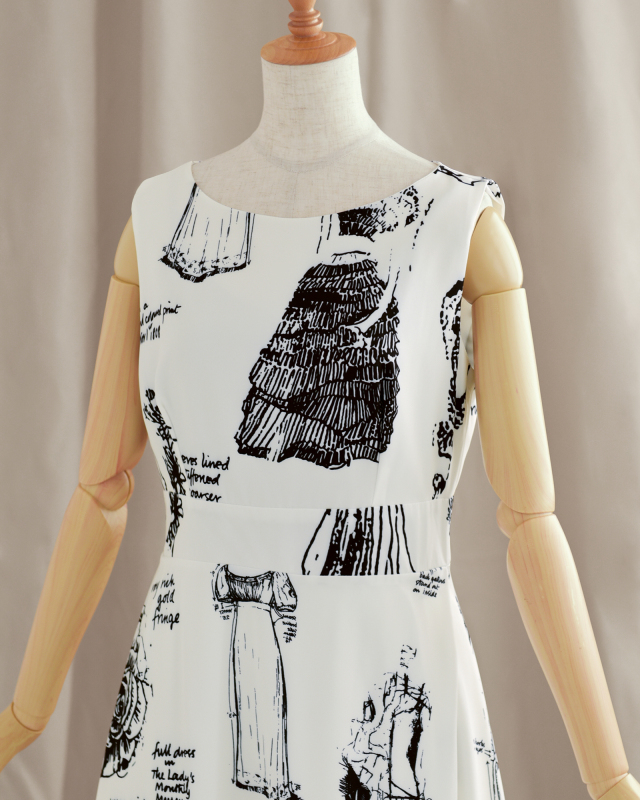 モダンなプリントが映えるノースリーブワンピースの前面デザイン