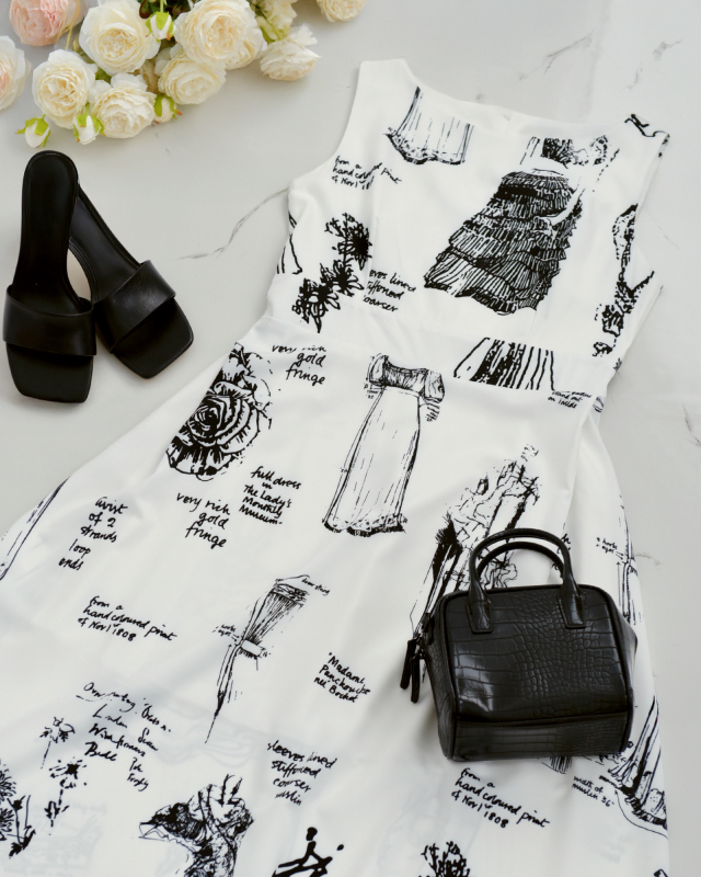 ヴィンテージ感あるアート柄が魅力のノースリーブワンピース。レジーナ【神戸ワンピース専門店】