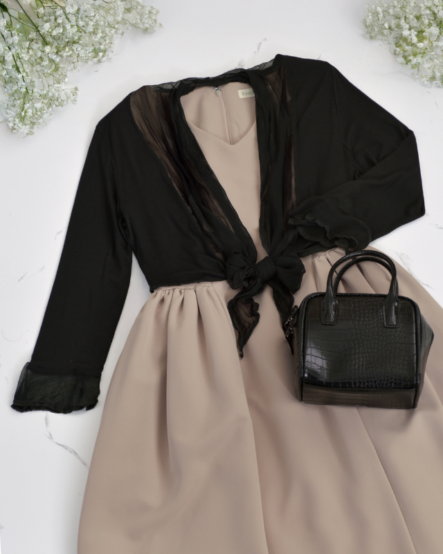 ブラックのシアーボレロをワンピースに重ねたエレガントコーディネート レジーナ【神戸ワンピース専門店】