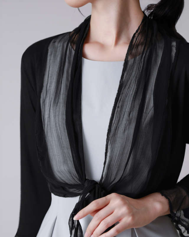 結婚式やフォーマルに映えるシアーブラックボレロを合わせたきれいめワンピースコーデ レジーナ【神戸ワンピース専門店】