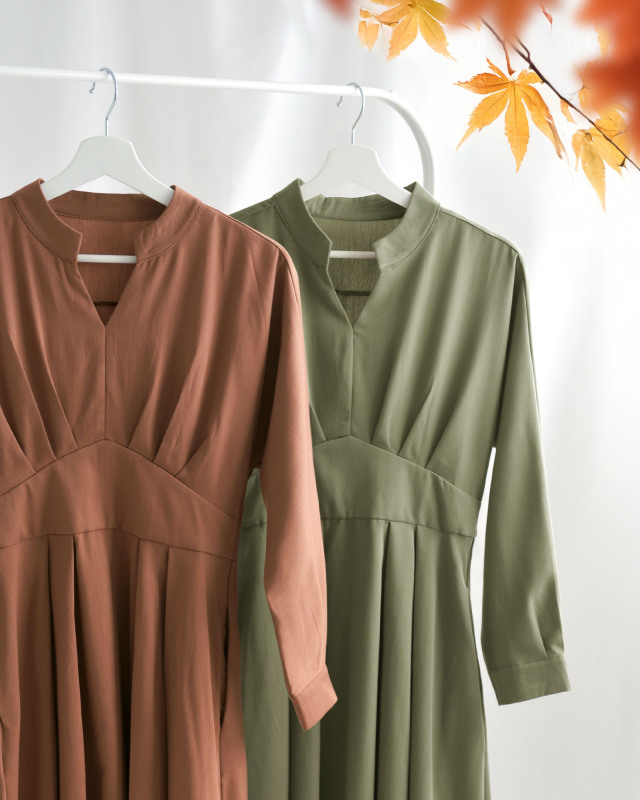 タック ワンピース セシル】お色展開：ブラウン,グリーン ／ サイズ