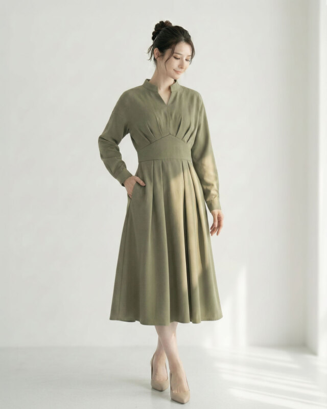 カーキの長袖フレアワンピース上品な着用コーデ レジーナ【神戸ワンピース専門店】