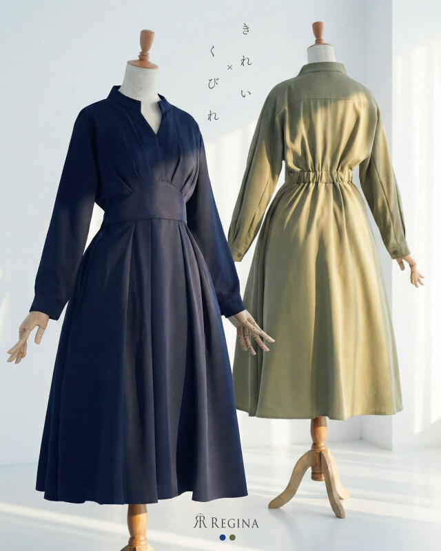 スタンドカラー×カシュクール風フレアワンピース レジーナ【神戸ワンピース専門店】