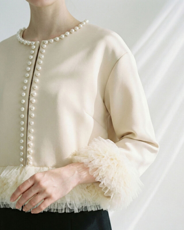 袖口チュールで二の腕カバー、パール付き上質ジャケット｜レジーナ【神戸ワンピース専門店】