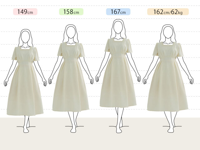 きれいめフレアワンピースの身長別（小柄さん：149cm、平均さん：158cm、長身さん：167cm、グラマーさん：162cm 62kg）着用感です。