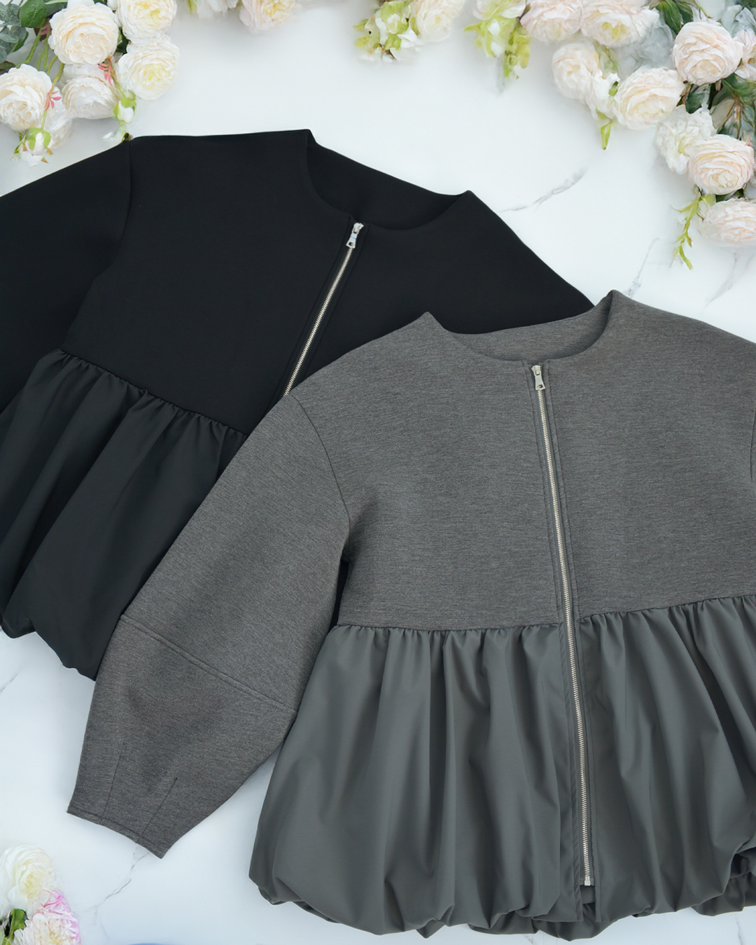 ふんわりバルーン裾と上品なノーカラーデザインが魅力のジャケット　レジーナ【神戸ワンピース専門店】