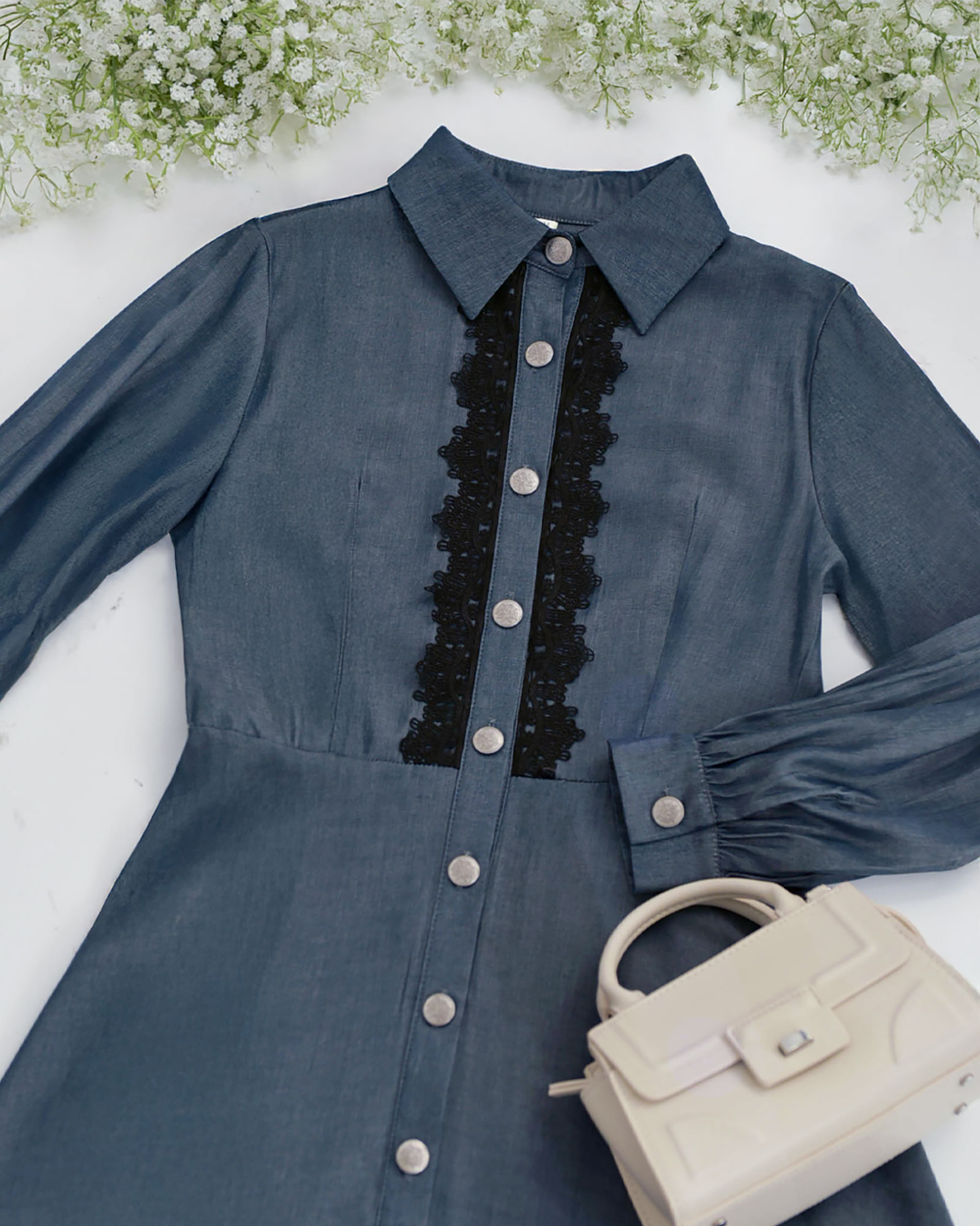 新品エテレーヴワンピース エトワール デニム ワンピース】お色展開：ブルー ／ サイズ展開：Free