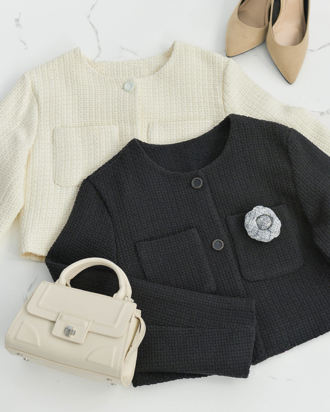 ツイード ジャケット プリムローズ】お色展開：ブラック,ホワイト