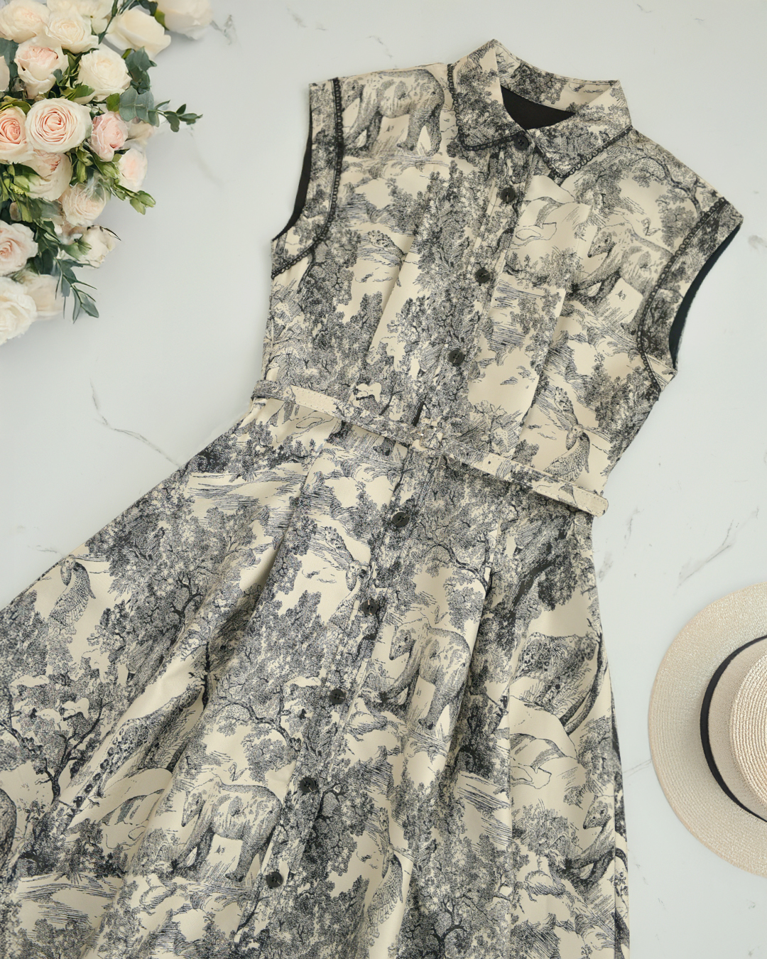 クラシカルなボタニカルアニマル柄ジャカードの上品シャツワンピース｜レジーナ【神戸ワンピース専門店】