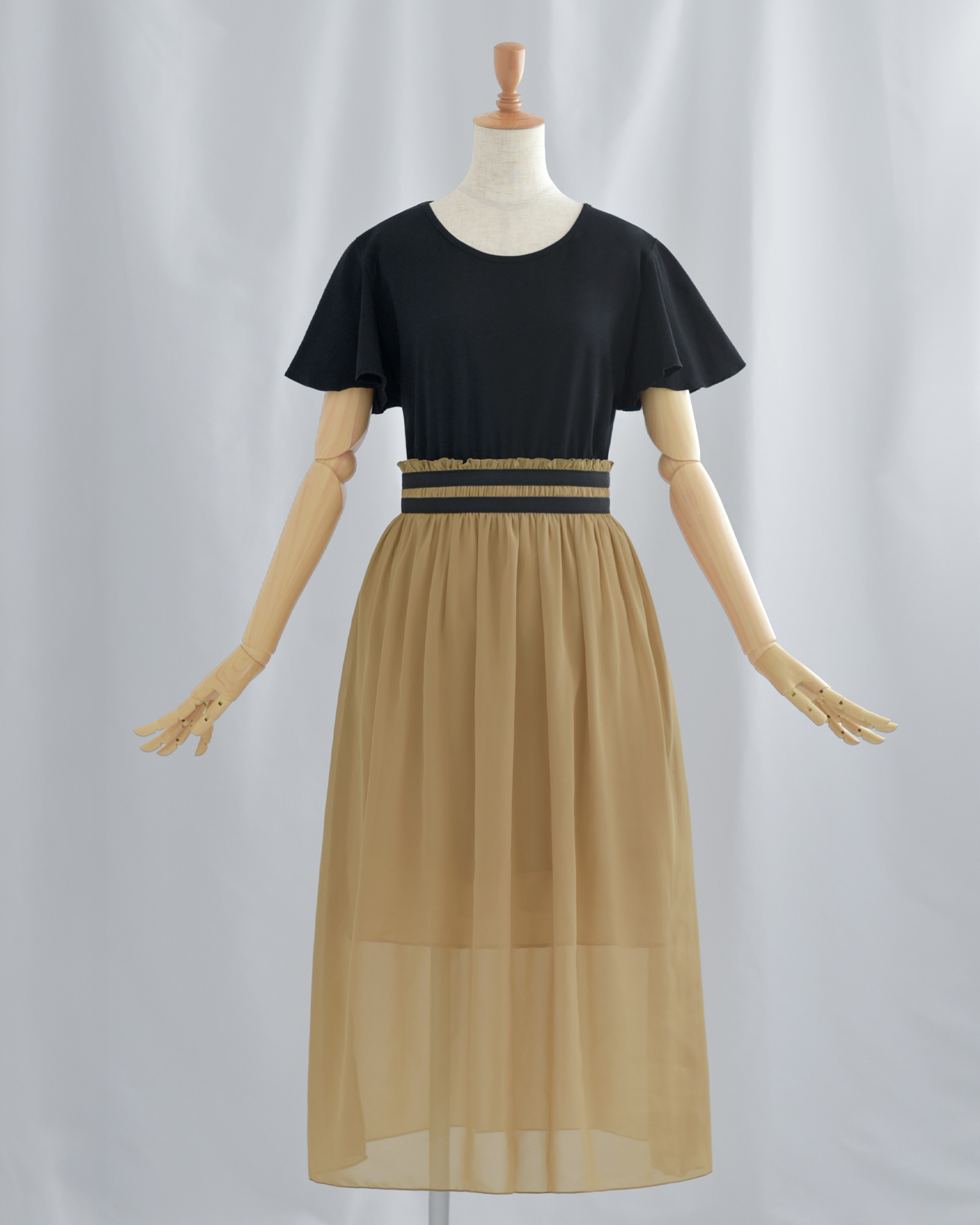 ドッキング ギャザー ワンピース】お色展開：ブラック,ベージュ