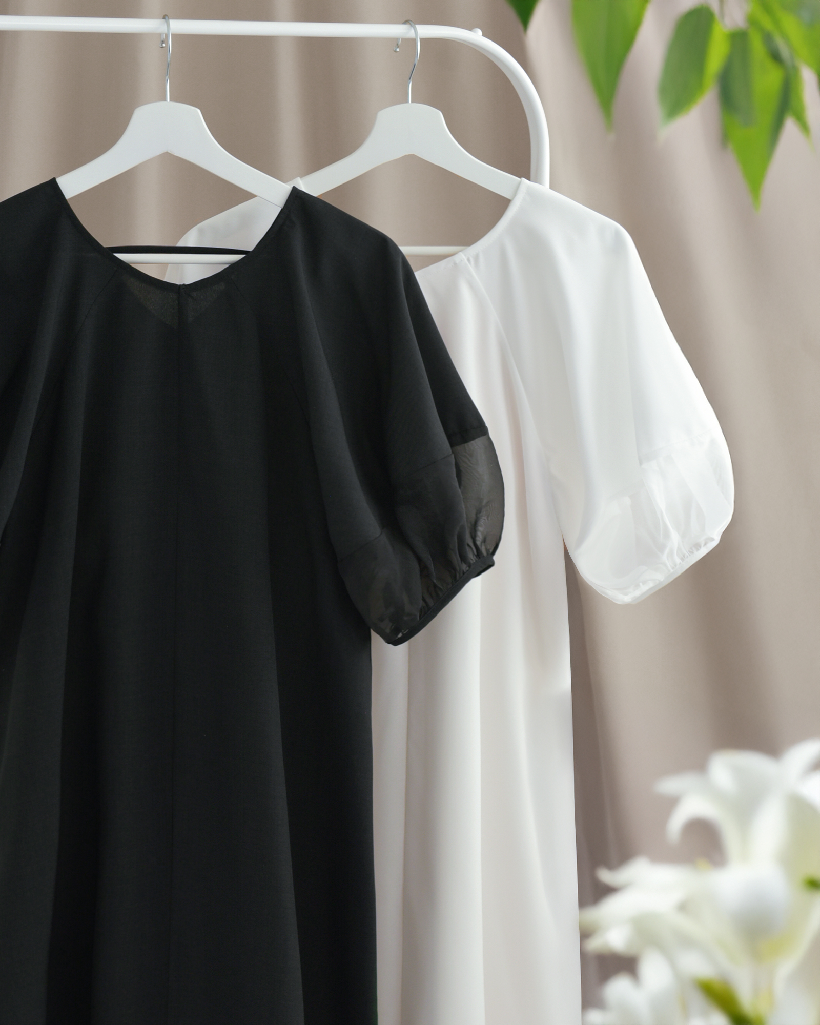 エアリー スリーブ ワンピース】お色展開：ブラック,ホワイト