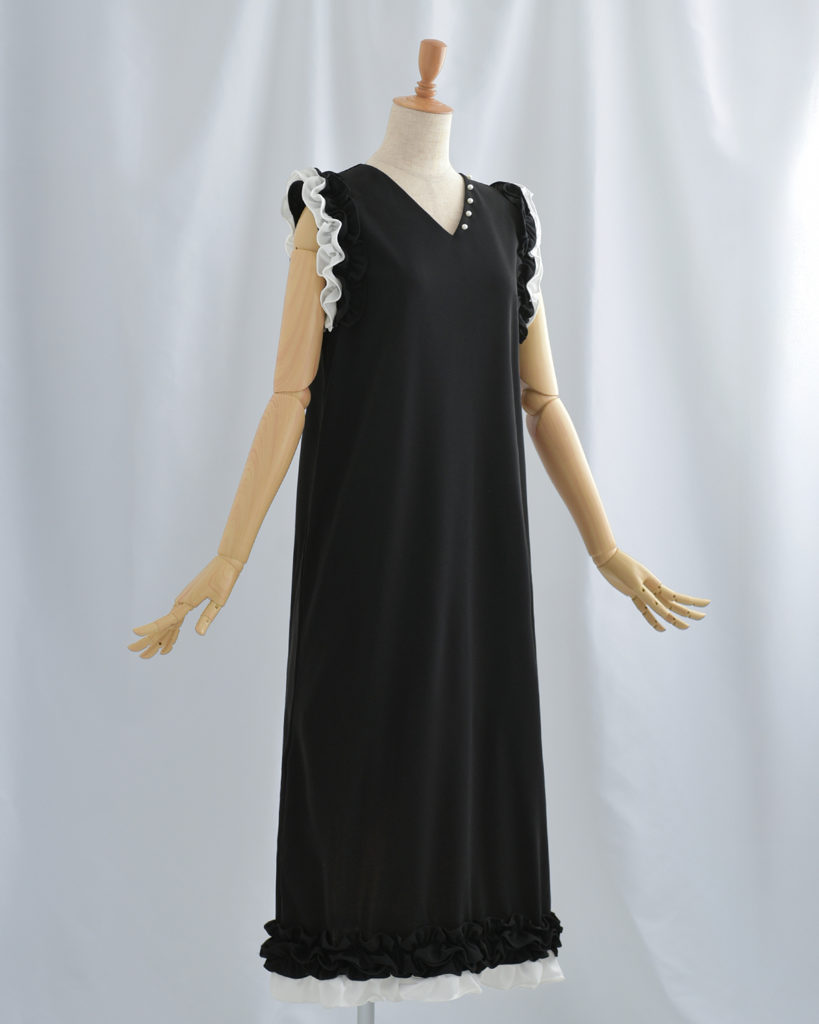 レディ フリル ワンピース】お色展開：グレー,ブラック ／ サイズ展開