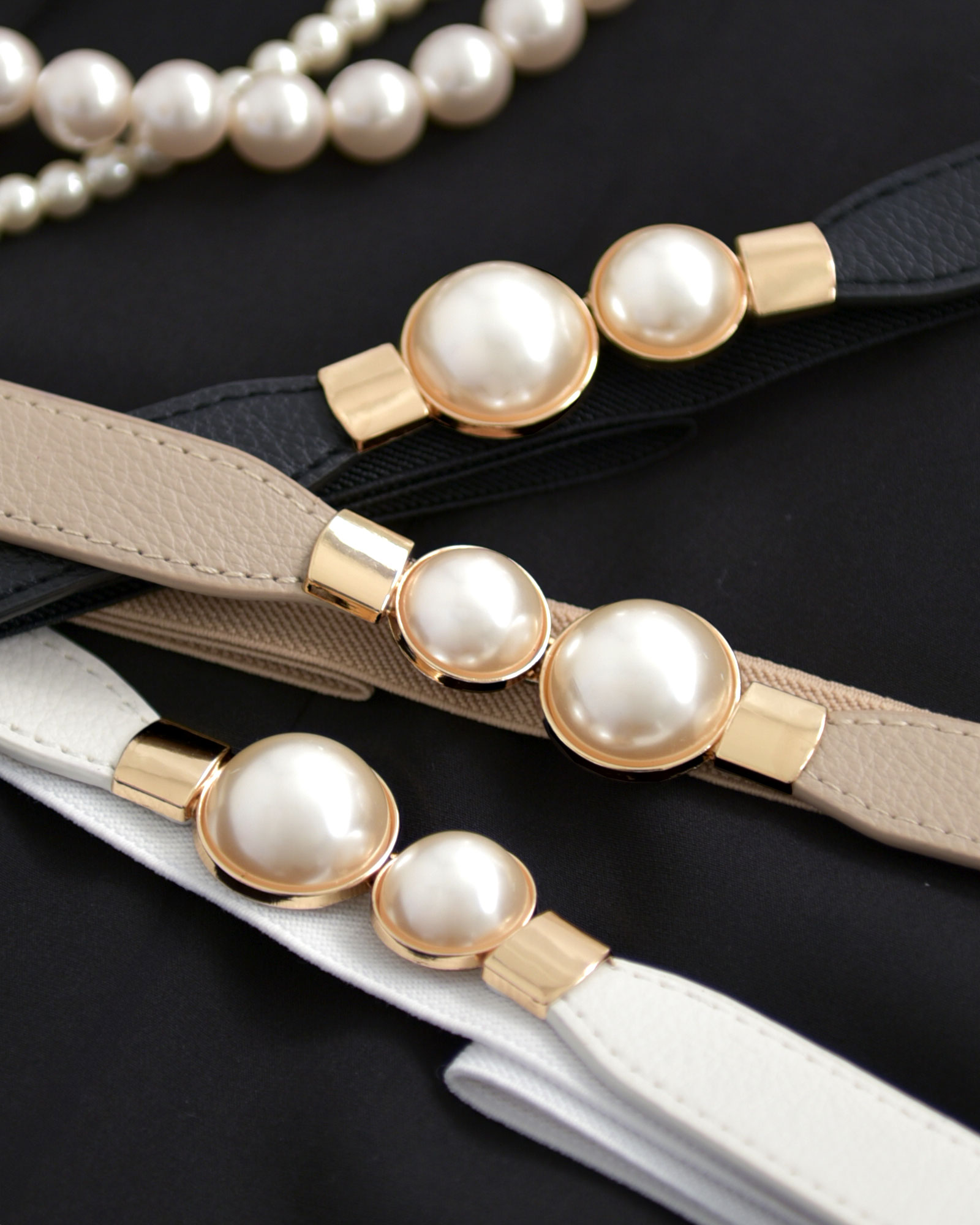 エレガント パール ベルト】お色展開：ホワイト,ブラック,ベージュ