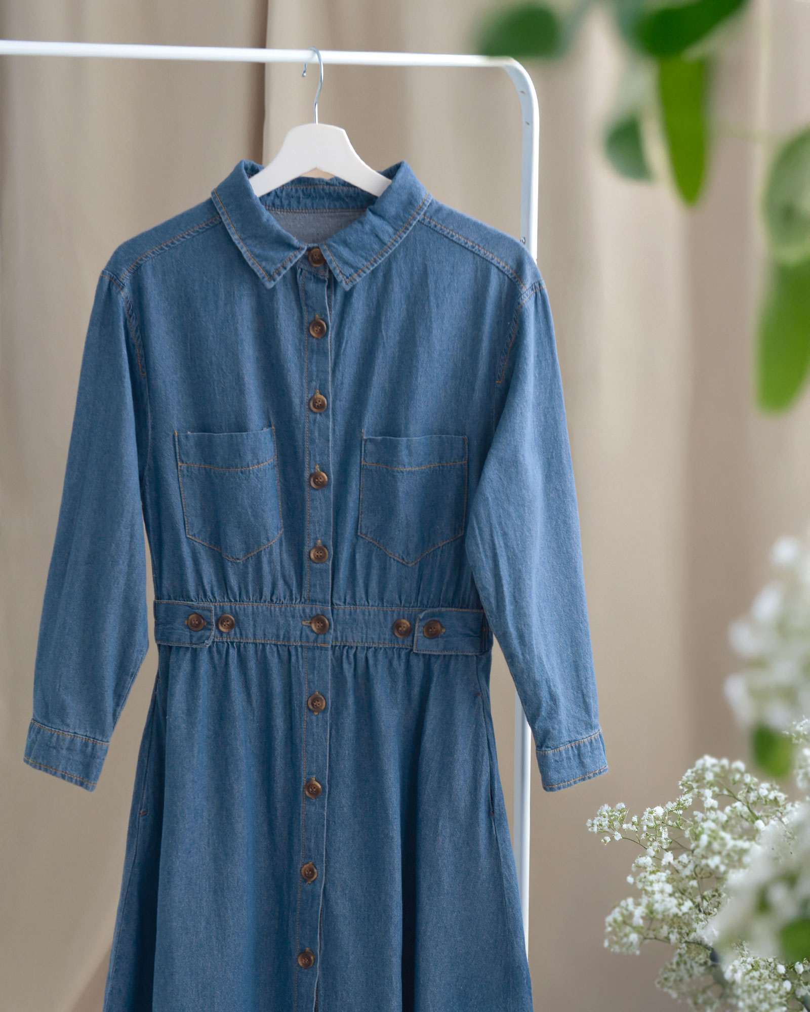 デニム シャツ ワンピース】お色展開：ブルー ／ サイズ展開：Free