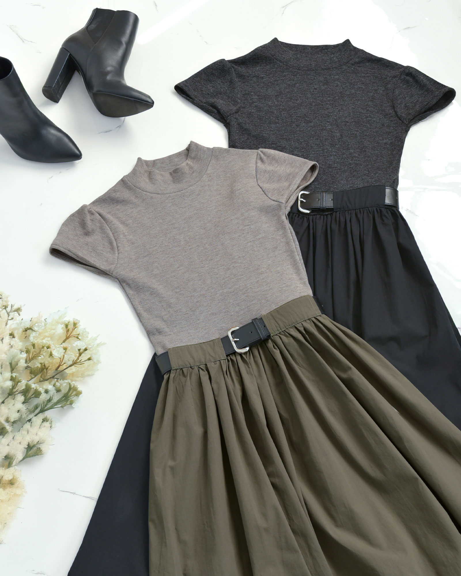 伸縮性のあるトップスとコットンスカートで上品に仕立てたドッキングワンピース｜レジーナ【神戸ワンピース専門店】