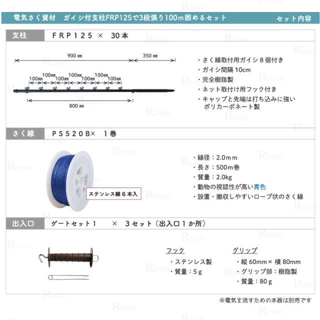 クマ策用　ガイシ付支柱FRP125で3段張り100ｍ囲める資材のセット　セット内容
