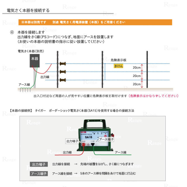 クマ策用　ガイシ付支柱FRP125で3段張り100ｍ囲める資材のセット　本器の設置