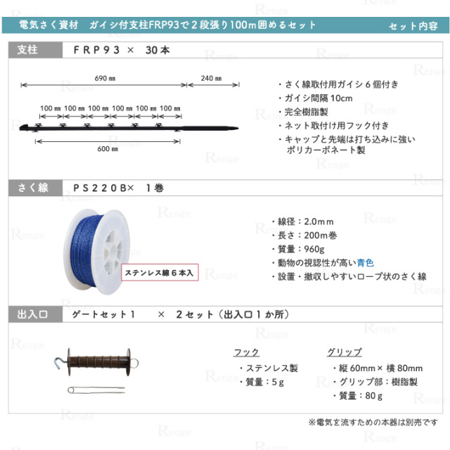 イノシシ対策用　ガイシ付支柱FRP93で2段張り100ｍ囲める資材のセット　セット内容