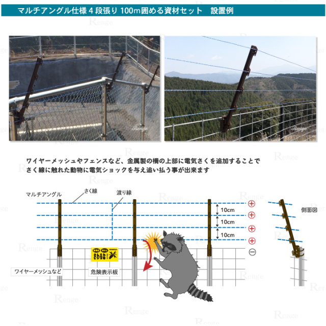 小動物対策 ワイヤーメッシュなどの柵の上部に追加するタイプの電気さく、マルチアングル仕様4段張り１００ｍ 囲める資材のセット 【電気柵 アライグマ  ハクビシン テン 樹脂 しのび返し】／Renge（レンゲ）