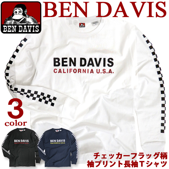 BEN DAVIS Tシャツ ベンデイビス 長袖Tシャツ チェッカーフラッグ柄 袖プリント メンズ ロンT BEN-1107