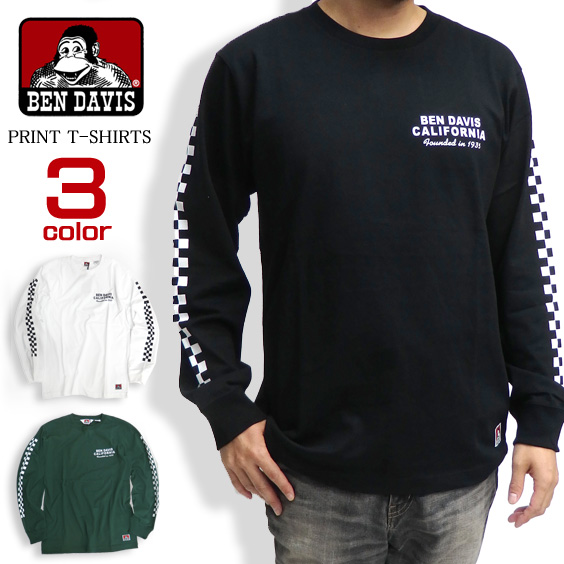 BEN DAVIS Tシャツ チェッカーフラッグ柄 長袖Tシャツ メンズ ロンT ベンデイビス トップス ロゴ BEN-1219