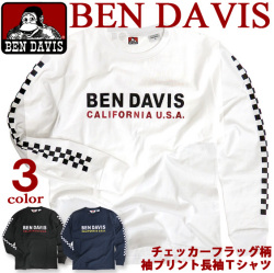 BEN DAVIS Tシャツ ベンデイビス 長袖Tシャツ チェッカーフラッグ柄 袖プリント メンズ ロンT BEN-1107