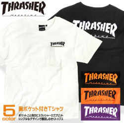 THRASHER Tシャツ 胸ポケット 半袖Tシャツ メンズ スラッシャー ロゴ バックプリント THRASHER-025
