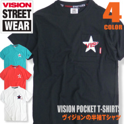 VISION Tシャツ サガラ刺繍 胸ポケット付き 半袖Tシャツ トップス 半袖 メンズ 星型 刺繍 VISION-025