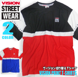 VISION Tシャツ 切り替え 半袖Tシャツ 袖ロゴ プリント トップス 切替えTシャツ メンズ ストリート VISION-034