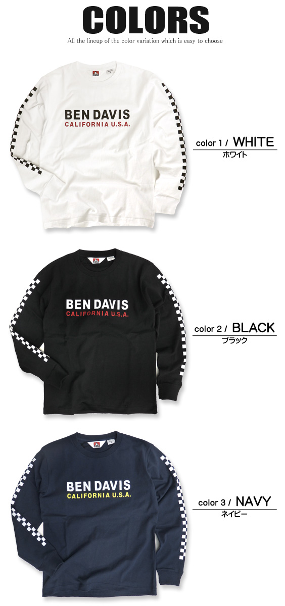 BEN DAVIS Tシャツ ベンデイビス 長袖Tシャツ チェッカーフラッグ柄 袖