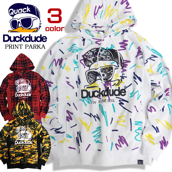 DUCK DUDE パーカー 総柄プリント スウェットパーカー メンズ ダックデュード ビーワンソウル 袖ロゴ PKL-329