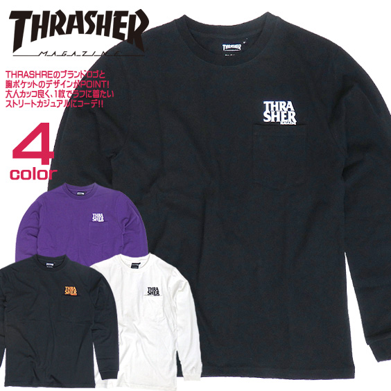 THRASHER Tシャツ 胸ポケット付き スラッシャー 長袖Tシャツ メンズ ロンT プリントT THRASHER-091