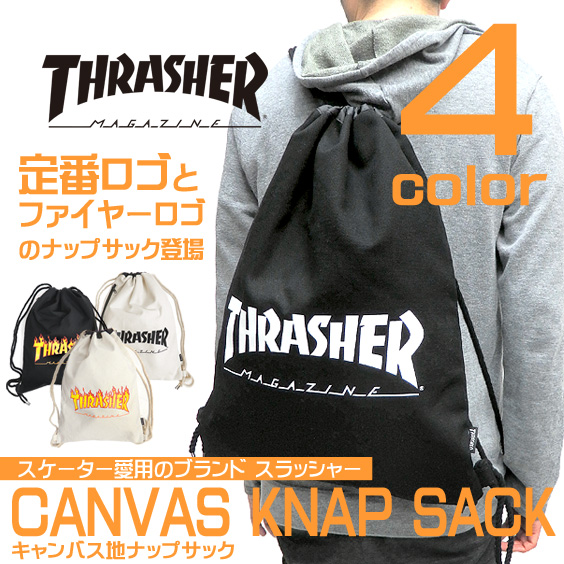 THRASHER MAGAZINE バッグ スラッシャー ナップサック 定番ロゴとフレームロゴ THRASHER-THC-100