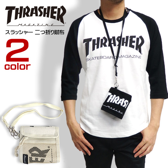 THRASHER 二つ折り財布 ロゴプリント 財布 スラッシャー 二つ折れ財布 ストラップ付き THRASHER-THC102