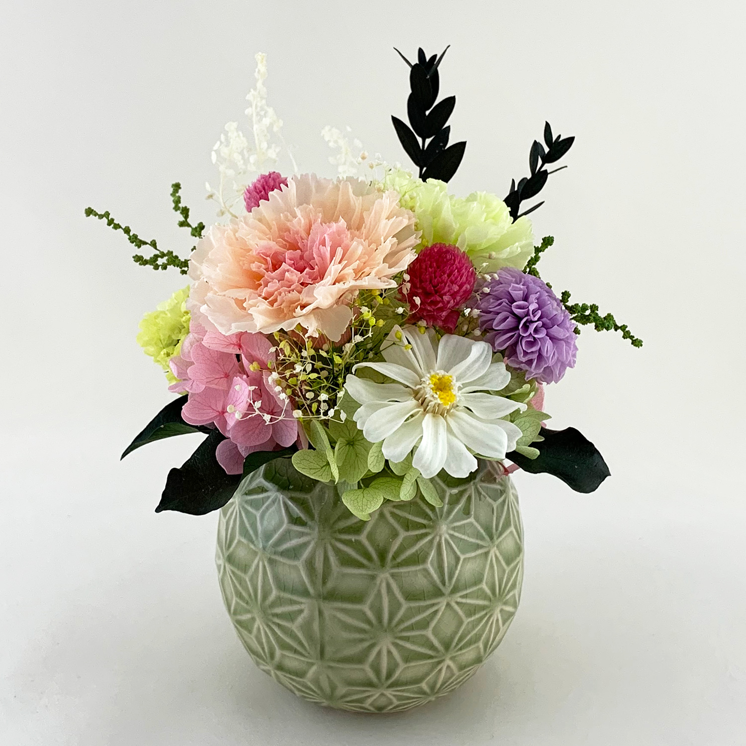 お供え向けプリザーブドフラワー 小紋 カーネーション 百日草 ミニ 仏壇