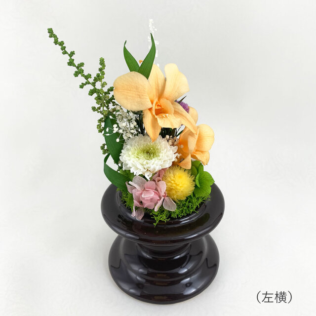 プリザーブドフラワー 仏花 ガラスドーム デンファレ オレンジ 左横