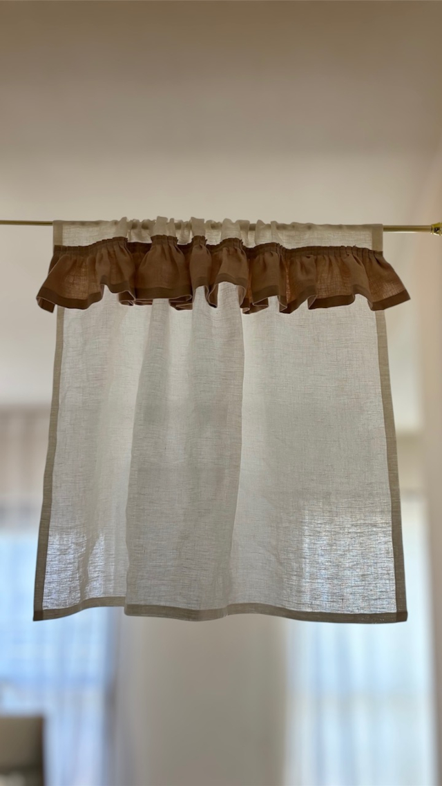 カフェカーテン　【厚地　リノ　リサ　アイボリー＆スウェーデン　サーモンピンクギヤザー】