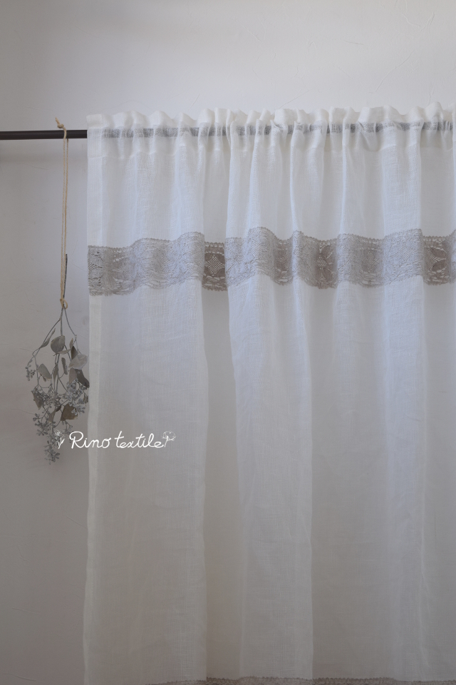リネンカフェカーテンボビンレース2段付き 【薄地リノパリス アイボリー】