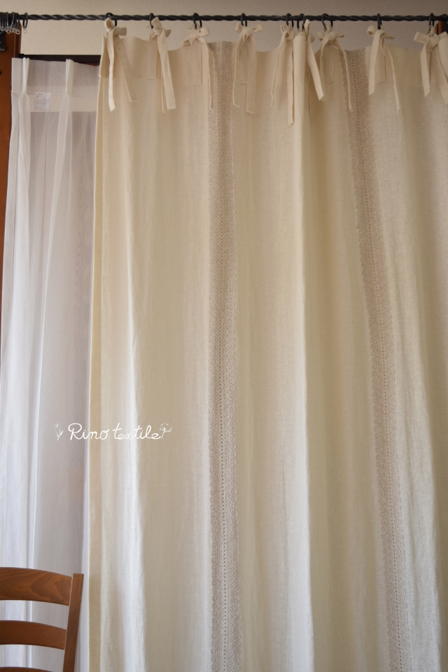リネンカーテンリボン付きおしゃれレース付きフランス産ナチュラル麻